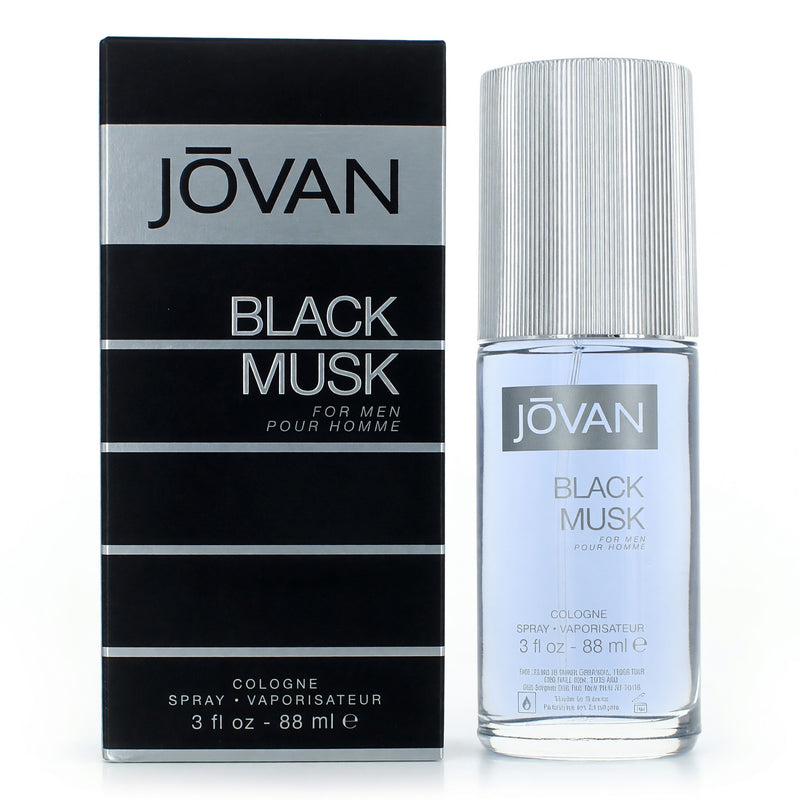Jovan Black Musk cologne spray for men in a 3 oz bottle, featuring dark, masculine fragrance by Coty, with black and silver packaging.