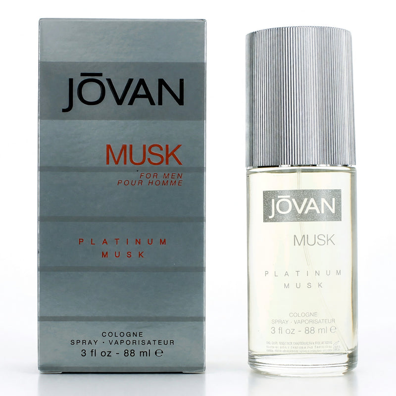 Jovan Platinum Musk 3 oz Eau De Cologne spray for men by Coty, showing the sleek bottle with silver accents.