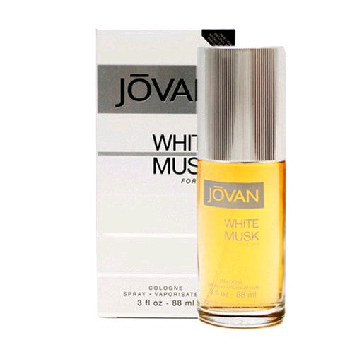 Coty Jovan White Musk 3 oz men's cologne spray bottle, sleek white packaging, ready for use.