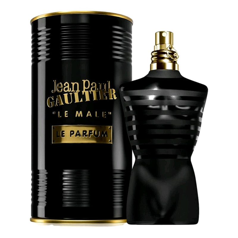 Jean Paul Gaultier Le Male Le Parfum 2.5oz EDP Intense men's fragrance bottle with sleek design and black cap.
