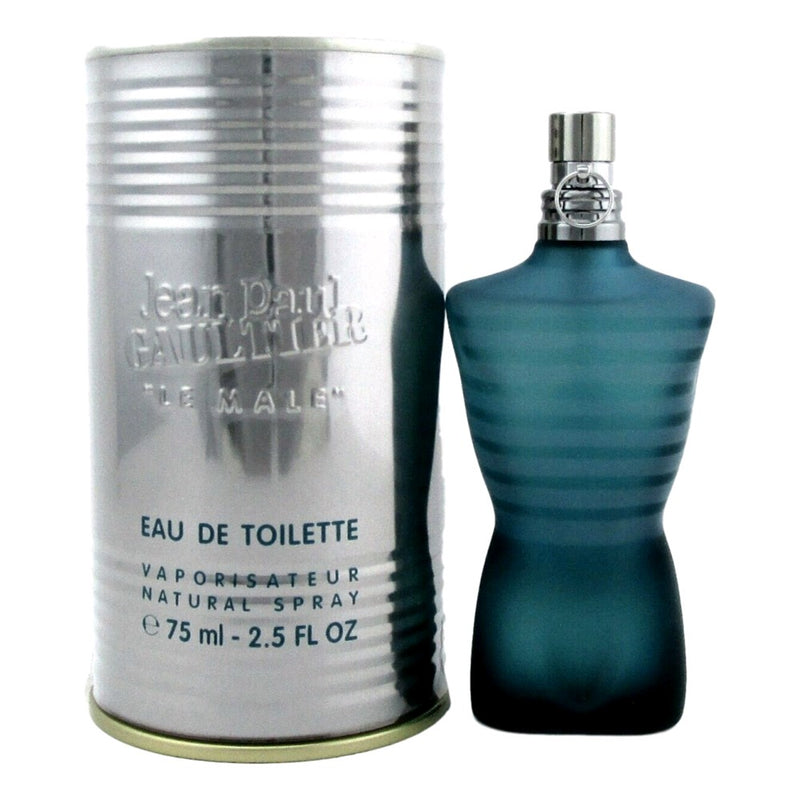 Jean Paul Gaultier Le Male 2.5 oz EDT spray for men, featuring the iconic bottle design and branding.
