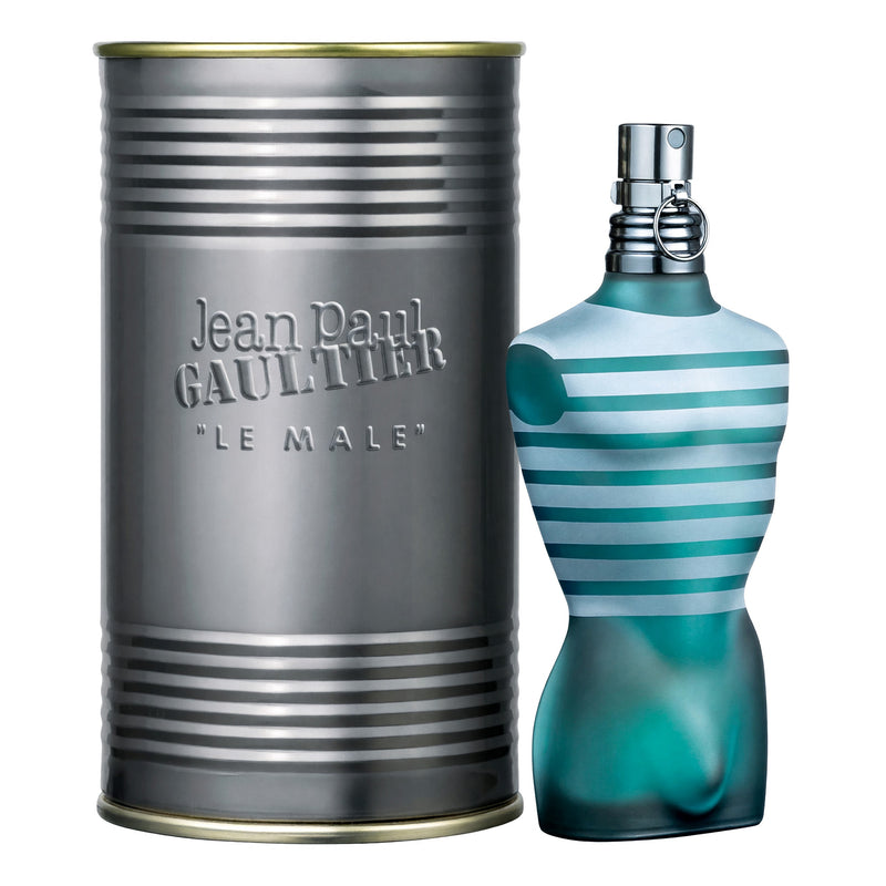 Jean Paul Gaultier Le Male 6.7 oz EDT spray for men, showing the iconic bottle with a striped torso design.