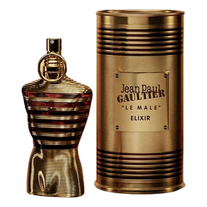 Jean Paul Gaultier Le Male Elixir 4.2 oz parfum spray for men, featuring the iconic bottle with a sleek design.