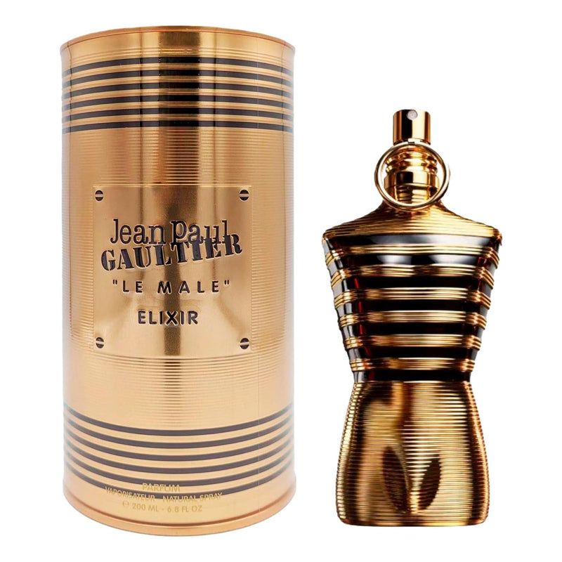 Jean Paul Gaultier Le Male Elixir parfum spray for men, 6.8 oz bottle, with sleek design and elegant packaging.