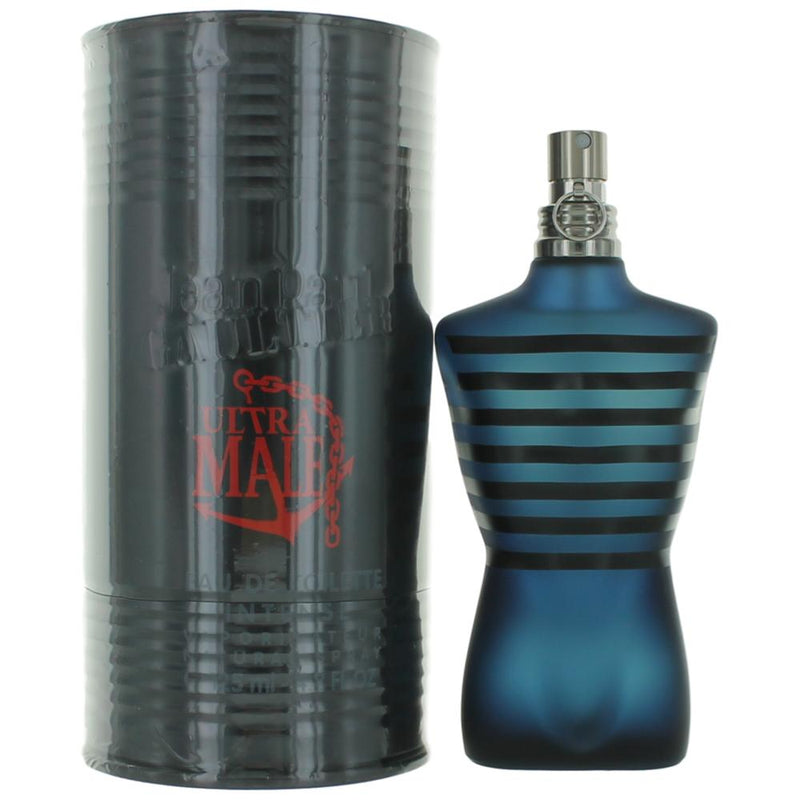 Jean Paul Gaultier Ultra Male 4.2oz EDT Intense Spray for men, featuring the signature bottle design and dark, stylish packaging.
