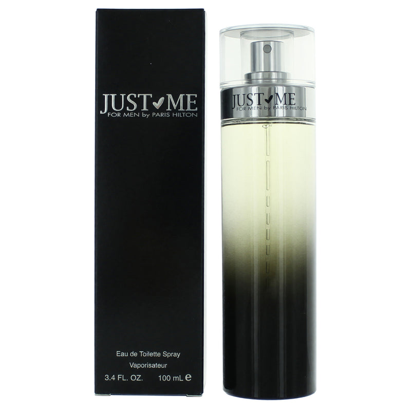 Paris Hilton Just Me 3.4 oz men's EDT spray bottle shown, featuring sleek packaging and the fragrance label.