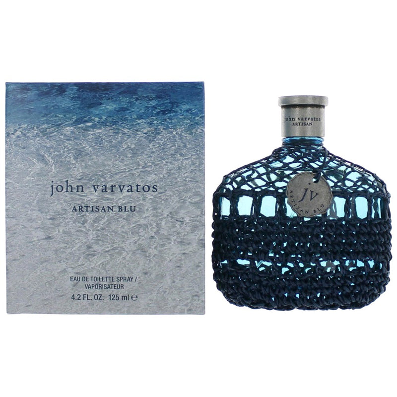 John Varvatos Artisan Blu 4.2 oz men's EDT spray bottle with blue and silver packaging.