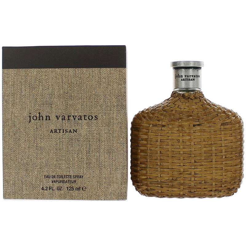 John Varvatos Artisan 4.2 oz men's EDT spray bottle with sleek packaging and clear label, displayed on a neutral background.