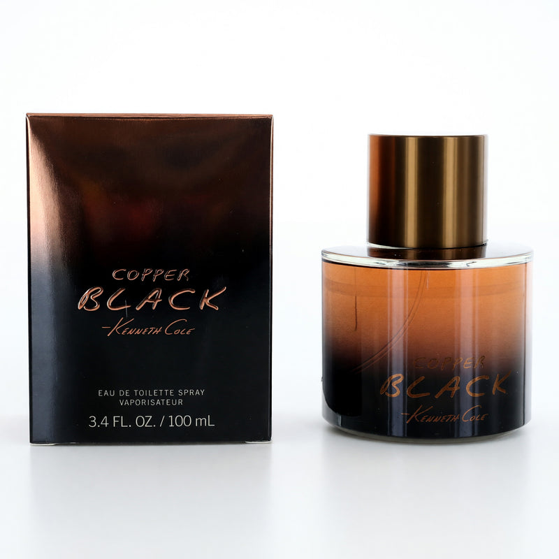 Kenneth Cole Copper Black 3.4 oz men's EDT spray bottle with black and copper design, featuring a sleek, modern look.
