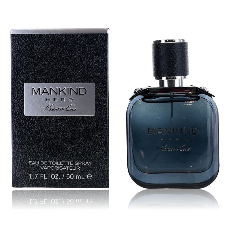 Kenneth Cole Mankind Hero 1.7 oz men's EDT spray bottle with sleek packaging and silver cap.
