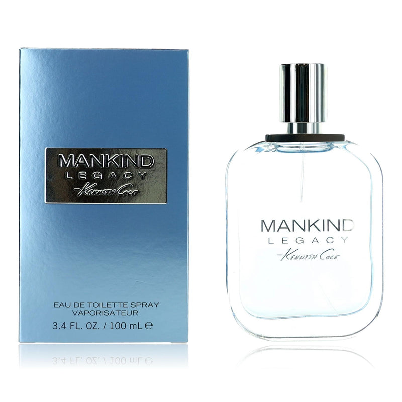 Kenneth Cole Mankind Legacy 3.4 oz men's EDT spray bottle with sleek packaging and label design.