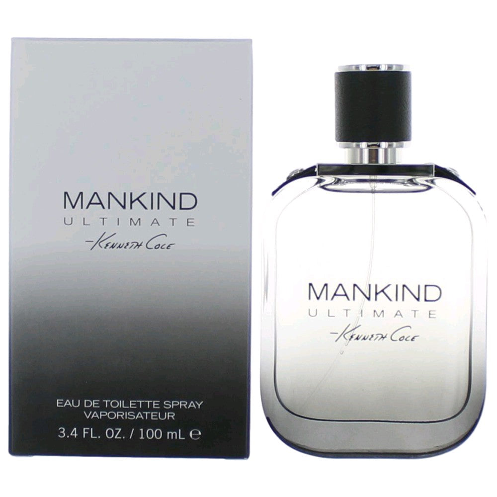 Kenneth Cole Mankind Ultimate 3.4 oz men's EDT spray bottle with sleek packaging and clear label.