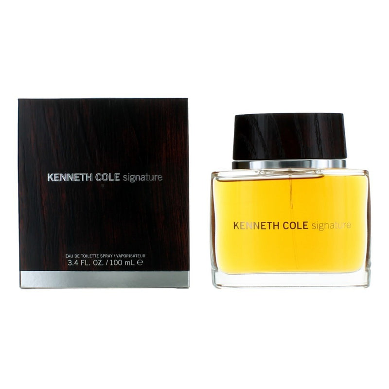 Kenneth Cole Signature men's 3.4 oz EDT spray bottle with sleek packaging and silver cap, displayed against a neutral background.