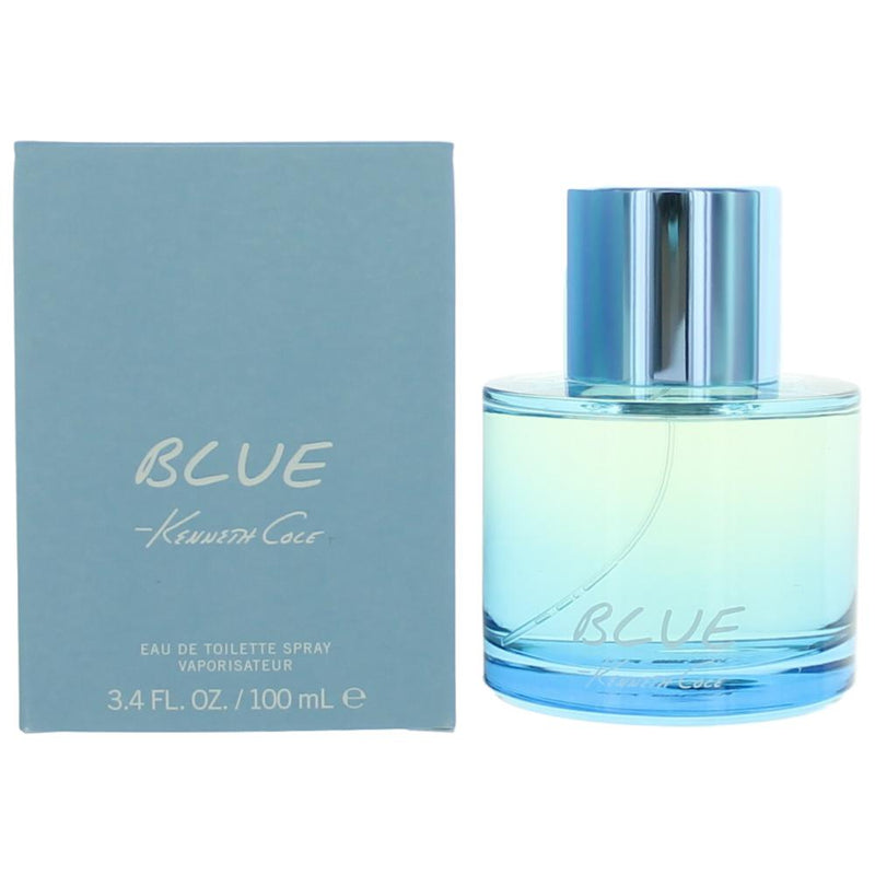 Kenneth Cole Blue men's 3.4 oz EDT spray bottle, sleek packaging for the Blue cologne by Kenneth Cole.