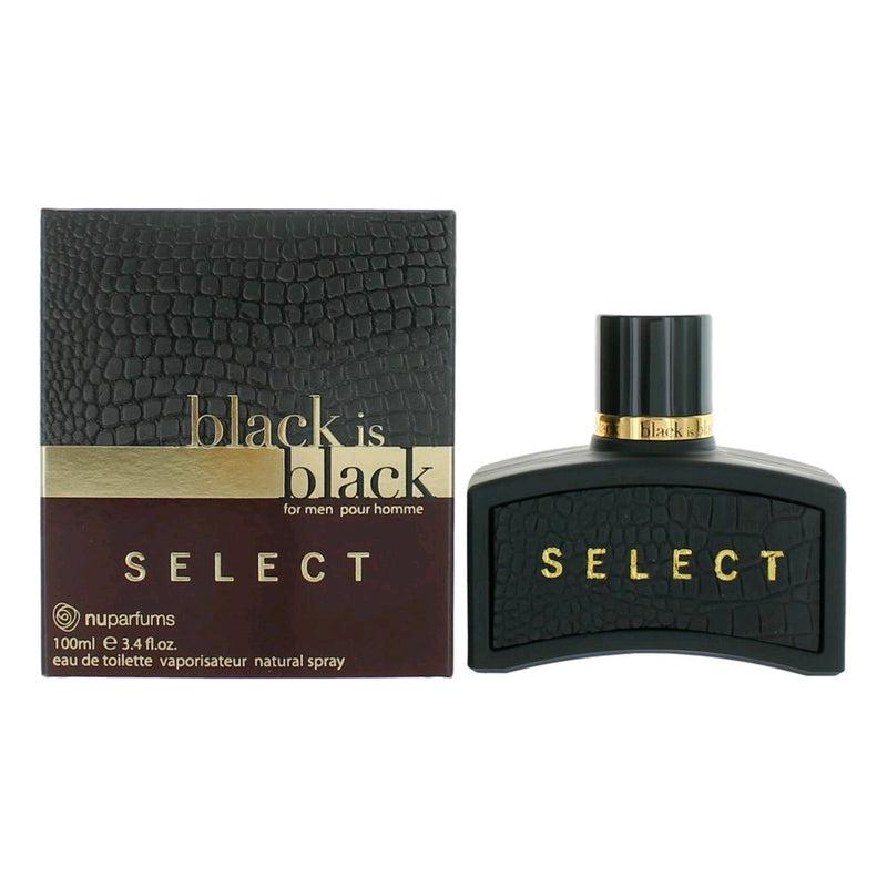 NuParfums Black is Black Select 3.4 oz men's EDT spray bottle with sleek black design and silver accents.
