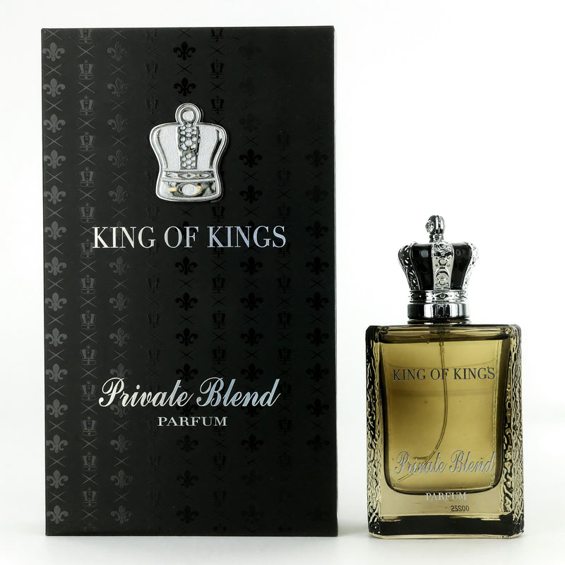 Private Blend by King of Kings unisex parfum spray bottle, 3.4 oz, with elegant packaging and sleek design.