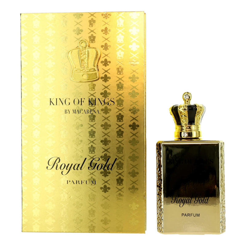Royal Gold by King of Kings unisex parfum spray bottle, 3.4 oz, with elegant packaging and luxurious gold accents.