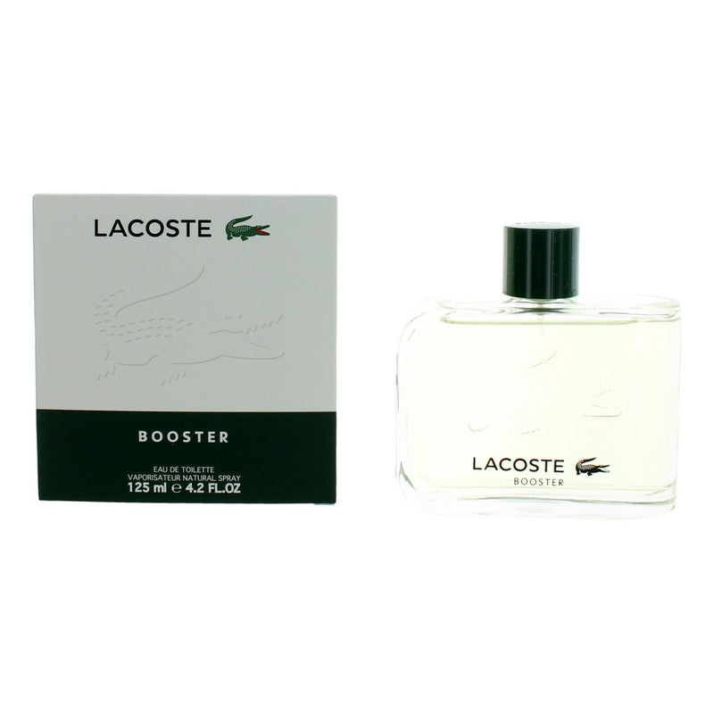 Lacoste Booster men's 4.2 oz EDT spray bottle with sleek design and Lacoste branding, ready for everyday wear.