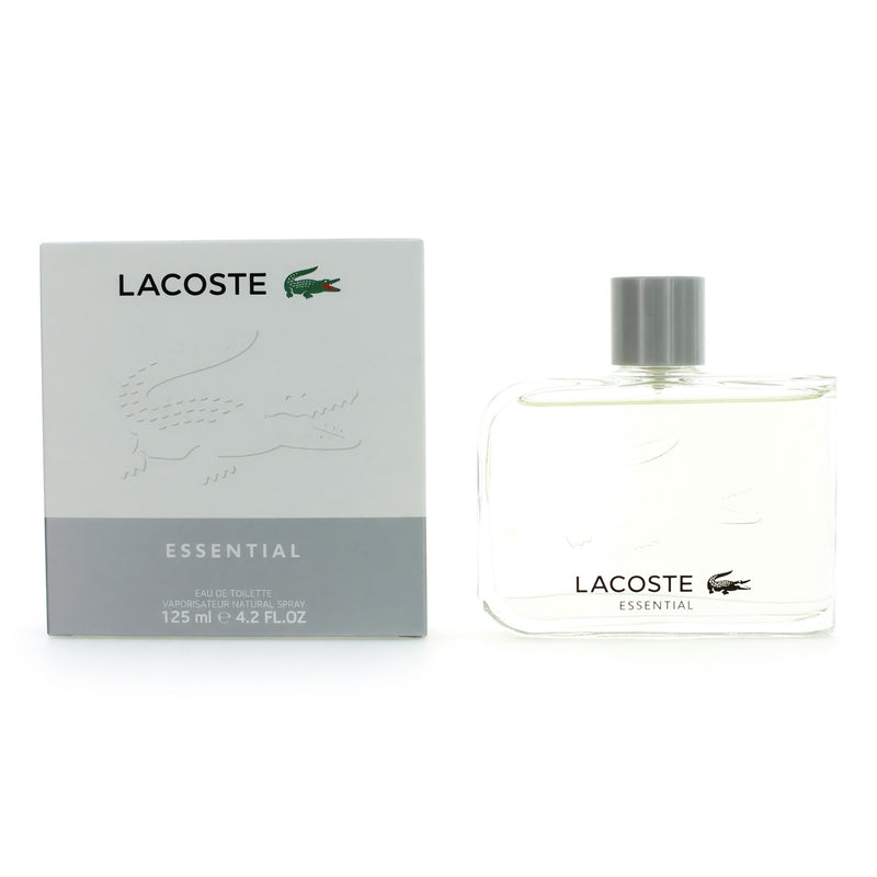 Lacoste Essential men's 4.1 oz EDT spray bottle, sleek design with green cap and Lacoste logo, on a white background.