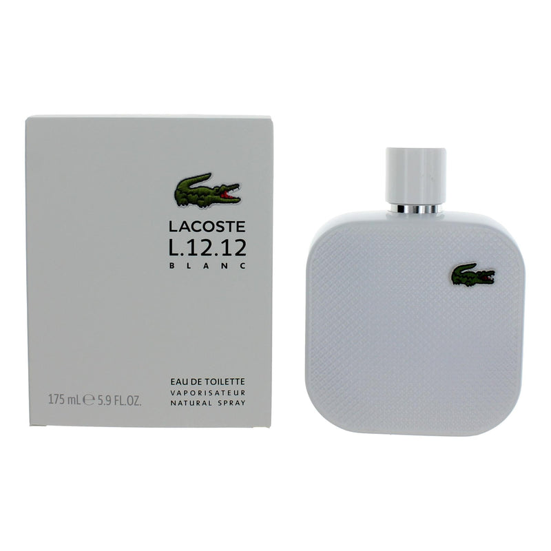 Lacoste L.12.12 Blanc men's 5.9 oz EDT spray bottle with white packaging and Lacoste logo.