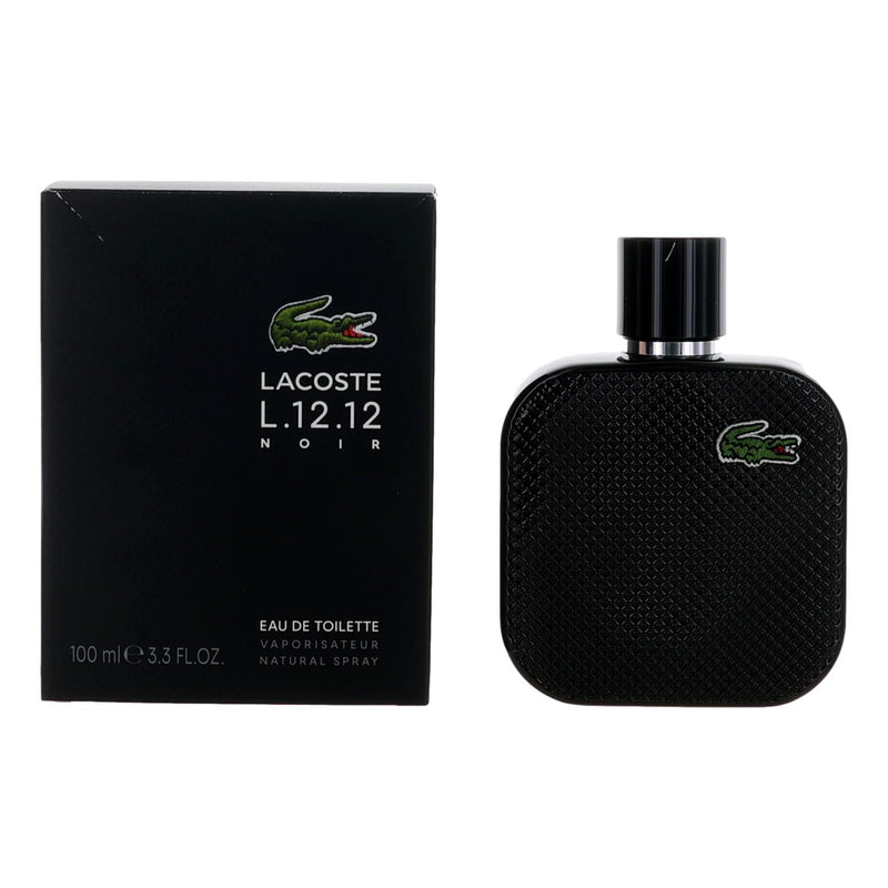 Lacoste L.12.12 Black Noir men's 3.3 oz EDT spray bottle with black and silver packaging, featuring the Lacoste logo.