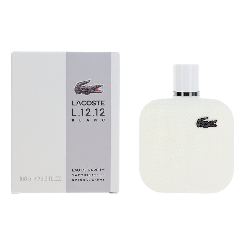 Lacoste L.12.12 White Blanc men's 3.3 oz EDP spray bottle with white label and Lacoste logo.