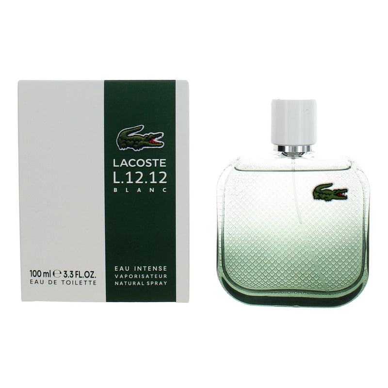 Lacoste L.12.12 Blanc Intense men's 3.4 oz EDT spray bottle with clean, sleek design and Lacoste logo.