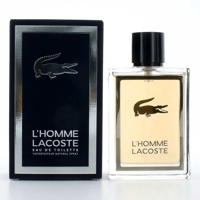 Lacoste L'Homme 3.4 oz men's EDT spray bottle with sleek design, featuring the Lacoste logo and a transparent glass container.