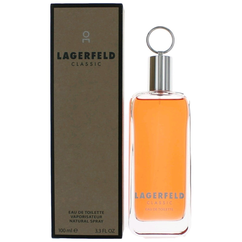 Karl Lagerfeld Lagerfeld Classic men's 3.3 oz EDT spray bottle, sleek design with silver cap and modern branding.