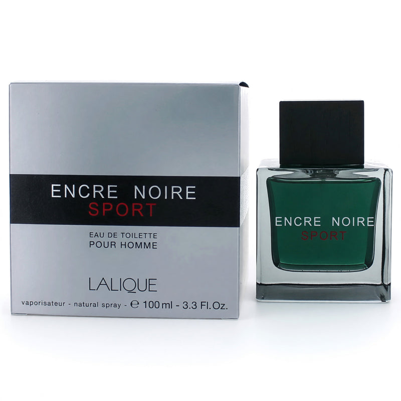 Lalique Encre Noire Sport men's 3 oz EDT spray bottle with sleek black design and silver cap on a white background
