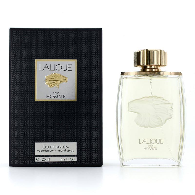 Lalique Pour Homme 4.2 oz men's Eau de Parfum spray featuring a sleek bottle design and Lalique branding.