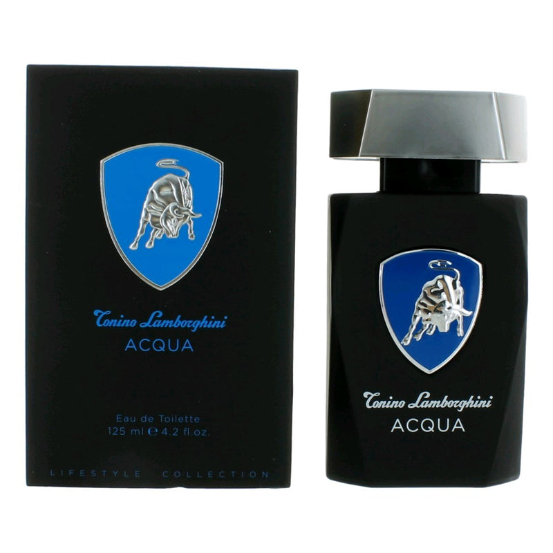 Tonino Lamborghini Acqua 4.2 oz men's EDT spray bottle with sleek design and packaging visible in the image.