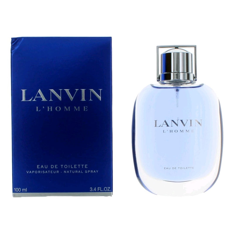 Lanvin L'Homme 3.4 oz men's EDT spray bottle with sleek glass design and silver cap, ready for use.