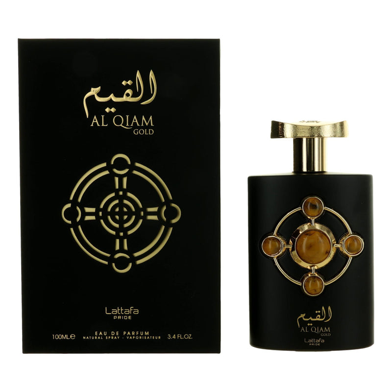 Lattafa Al Qiam Gold 3.4 oz unisex EDP spray bottle with gold accents and elegant packaging.