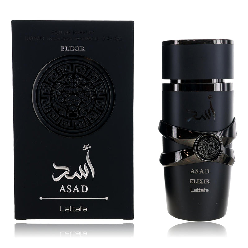 Lattafa Asad Elixir 3.4 oz men's Eau de Parfum spray, featuring a sleek bottle with a gold cap and dark amber liquid inside.
