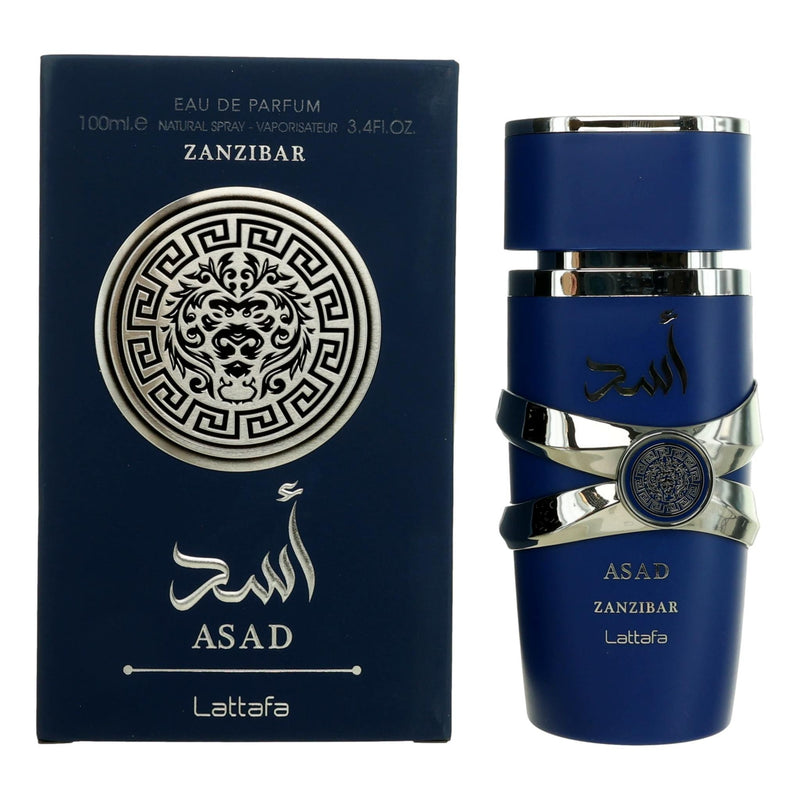 Lattafa Asad Zanzibar 3.4 oz men's EDP spray with a sleek bottle and elegant design, perfect for a sophisticated fragrance.