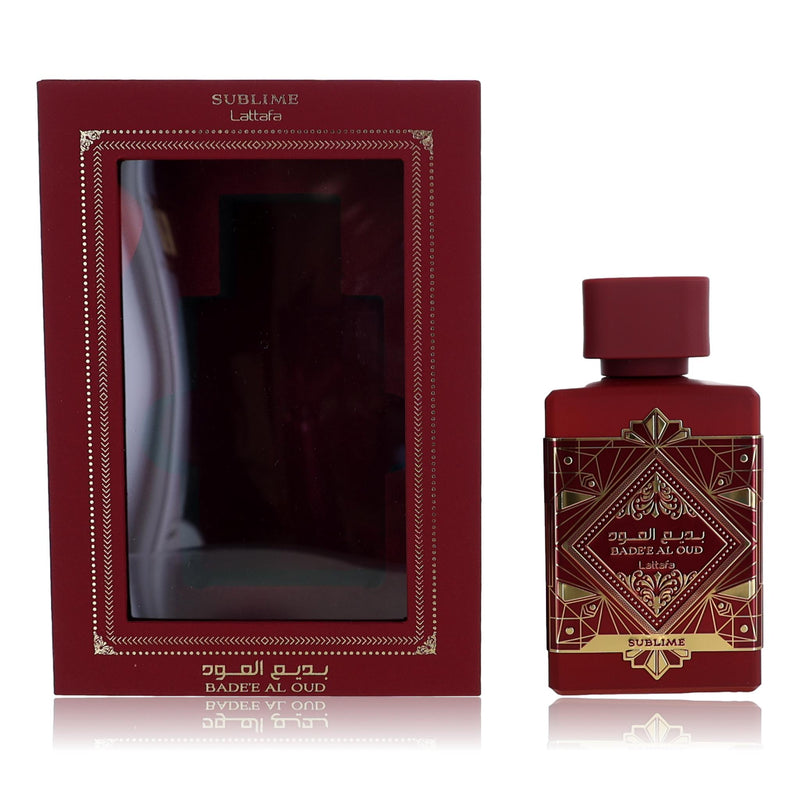 Lattafa Bade'e Al Oud Sublime unisex 3.4 oz EDP spray bottle with elegant packaging and fragrance details.