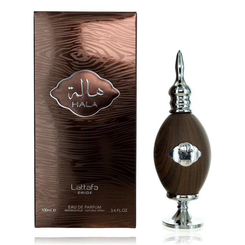 Hala by Lattafa 3.4 oz unisex EDP spray featuring a sleek bottle with a minimalist design and silver accents.