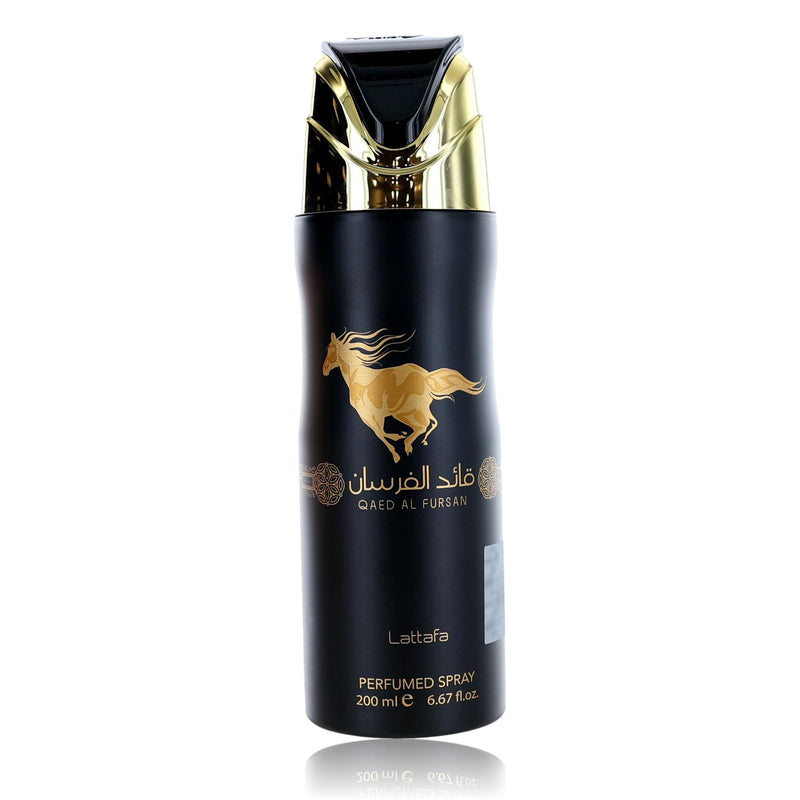 Qaed Al Fursan Lattafa men's perfumed deodorant spray bottle, 6.7 oz, with sleek design and spray nozzle feature.