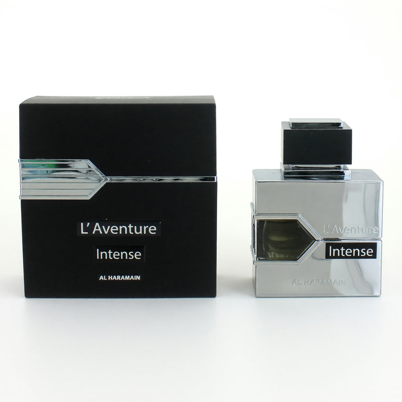 Al Haramain L'Aventure Intense men's 3.4 oz EDP spray bottle with sleek design and gold accents.