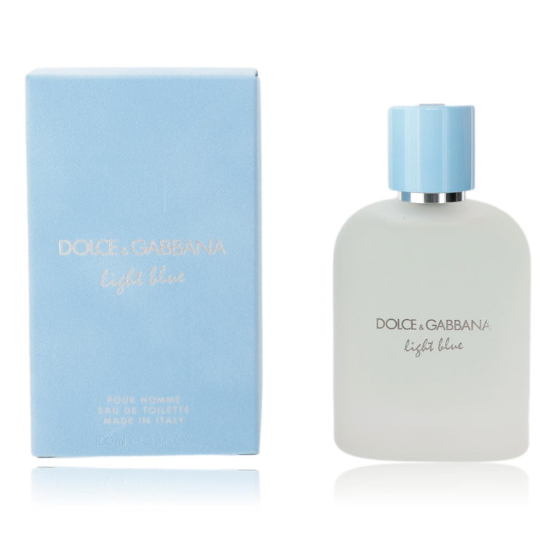 Light blue Dolce & Gabbana men's 3.3 oz EDT spray bottle with light blue packaging and a sleek design.