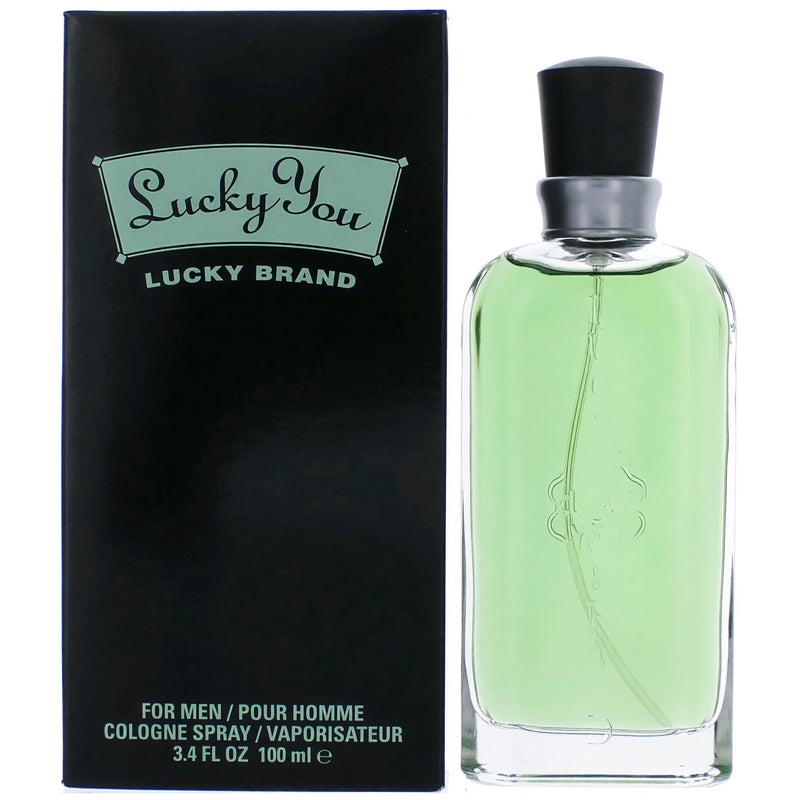 Lucky You by Lucky Brand men's 3.4 oz EDT spray bottle, fresh and masculine fragrance with sleek design.