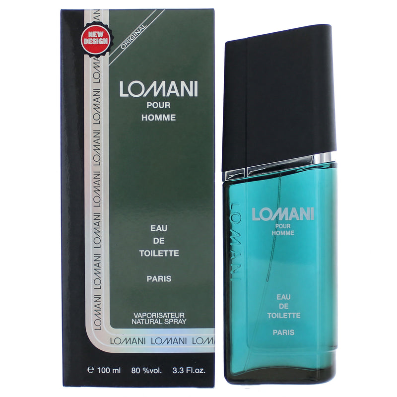 Lomani Pour Homme 3.4 oz men's EDT spray bottle with sleek design and silver cap, displayed on a neutral background