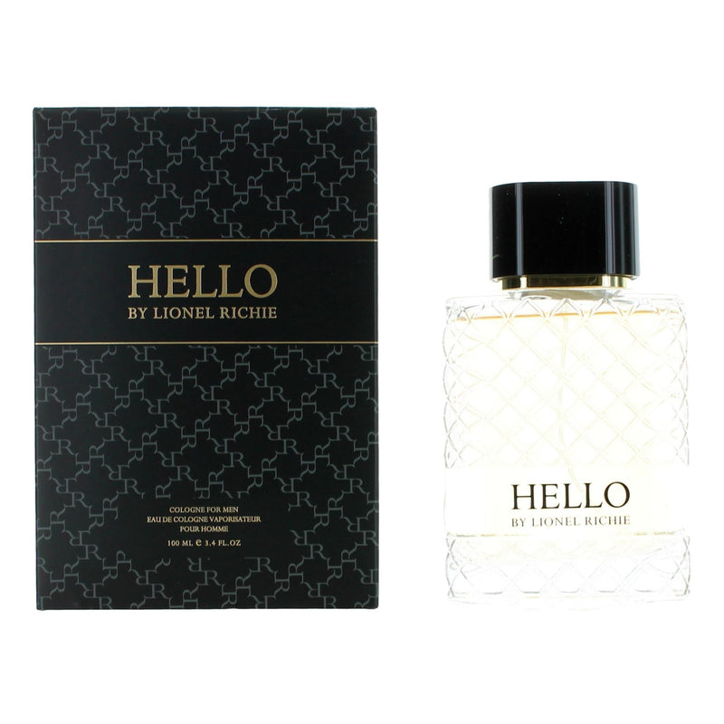 Lionel Richie Hello men's Eau de Cologne spray bottle, 3.4 oz, with a sleek design and label featuring the brand name.