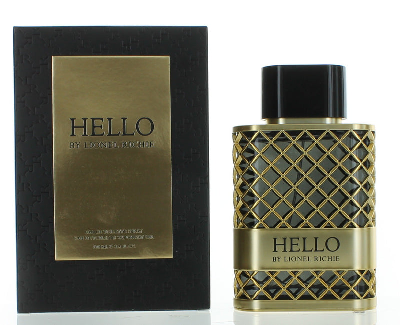 Lionel Richie Hello men's 3.4 oz EDT spray bottle with sleek packaging and spray nozzle, ready for application.