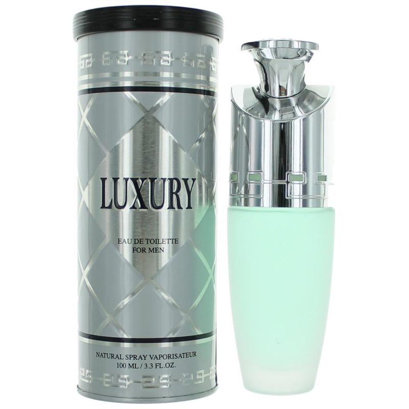 Luxury by New Brand men's 3.4 oz EDT spray bottle, sleek design, with the fragrance and branding visible.