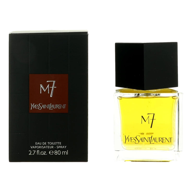 Yves Saint Laurent M7 men's 2.7 oz EDT spray bottle, sleek design and branding visible on the physical product.