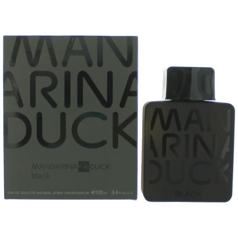 Mandarina Duck Black 3.4 oz men's EDT spray bottle, featuring sleek black packaging and clear spray nozzle.