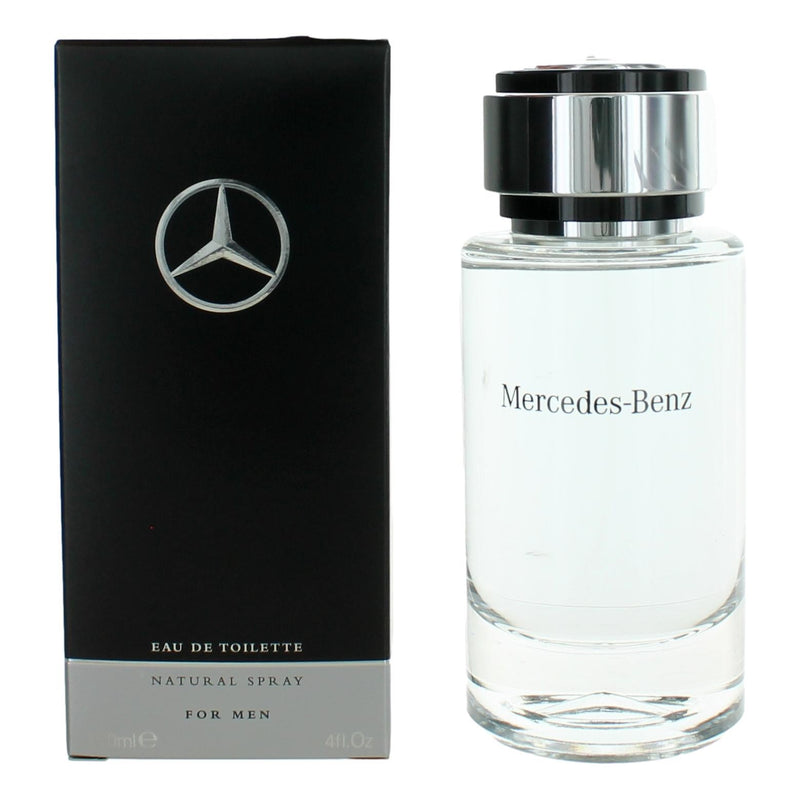 Mercedes Benz 4 oz men's EDT spray bottle with sleek packaging, showcasing the classic Mercedes Benz branding on the cap and label.