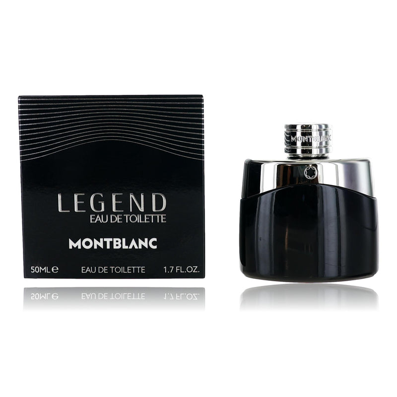 Mont Blanc Legend men's 1.7 oz EDT spray bottle with sleek design and branding visible.